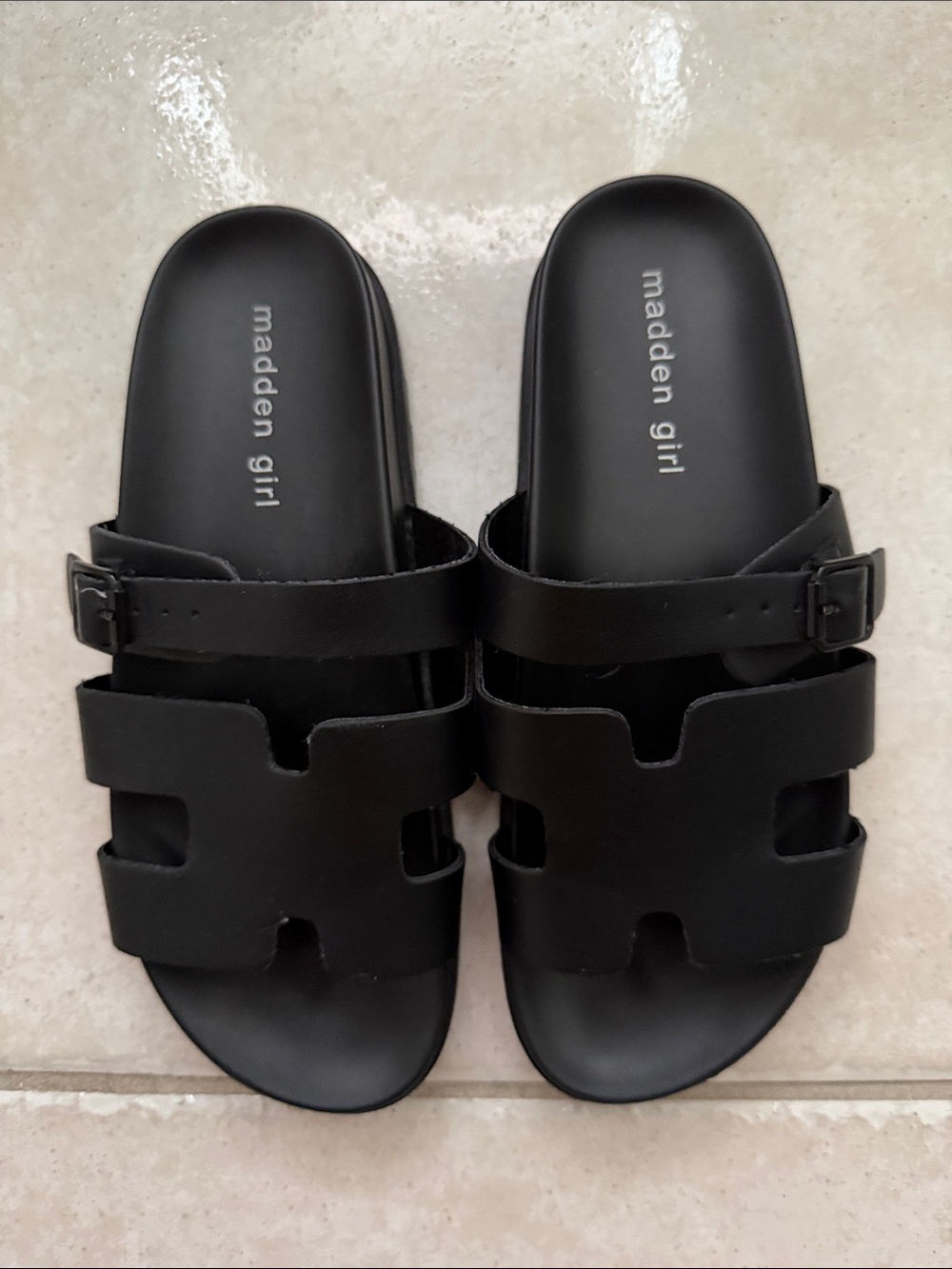 Madden Girl Black Double-Strap Buckle Slides